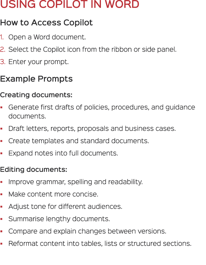 USING COPILOT IN WORD How to Access Copilot 1. Open a Word document. 2. Select the Copilot icon from the ribbon or si...