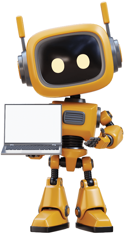 A charming 3D yellow robot character holds open a laptop with a blank white screen. This friendly robot is perfect for representing technology AI or digital concepts in your projects.