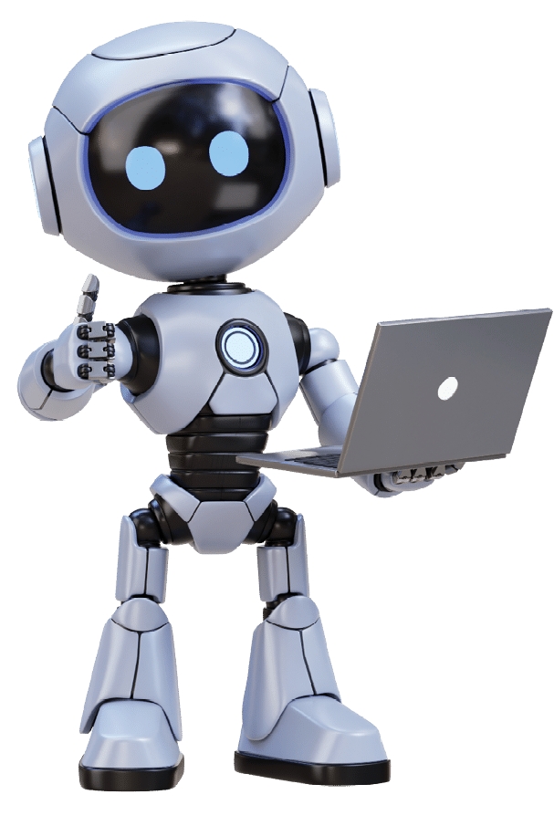 A set of five friendly. white cartoon robots in various poses. some interacting with laptops. presented as a 3D render