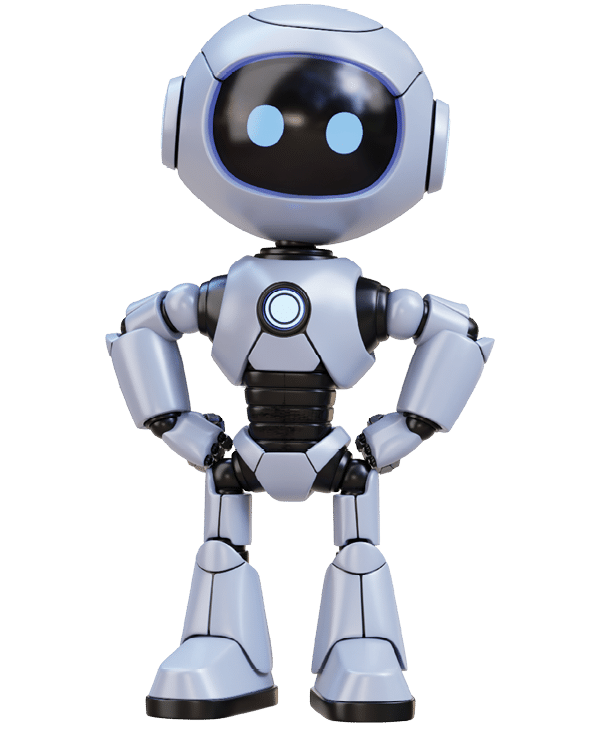 A friendly blue and black robot with a round head is standing and making an OK hand gesture. Description generated by AI