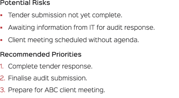 Potential Risks � Tender submission not yet complete. � Awaiting information from IT for audit response. � Client mee...