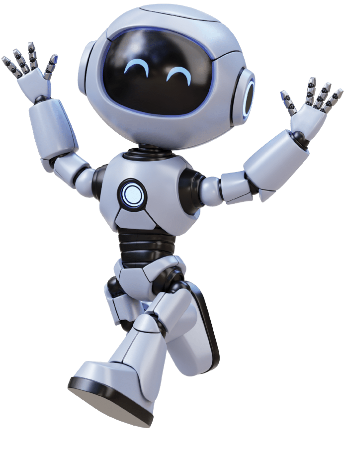 A set of five friendly. white cartoon robots in various poses. some interacting with laptops. presented as a 3D render