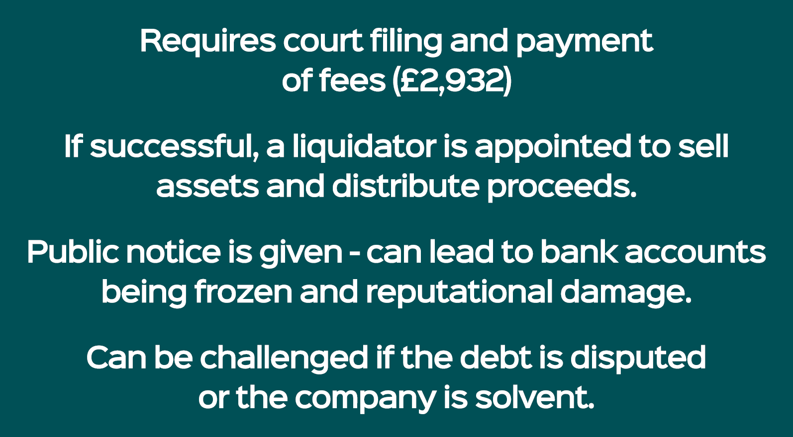 Requires court filing and payment of fees (£2,932) If successful, a liquidator is appointed to sell assets and distri...