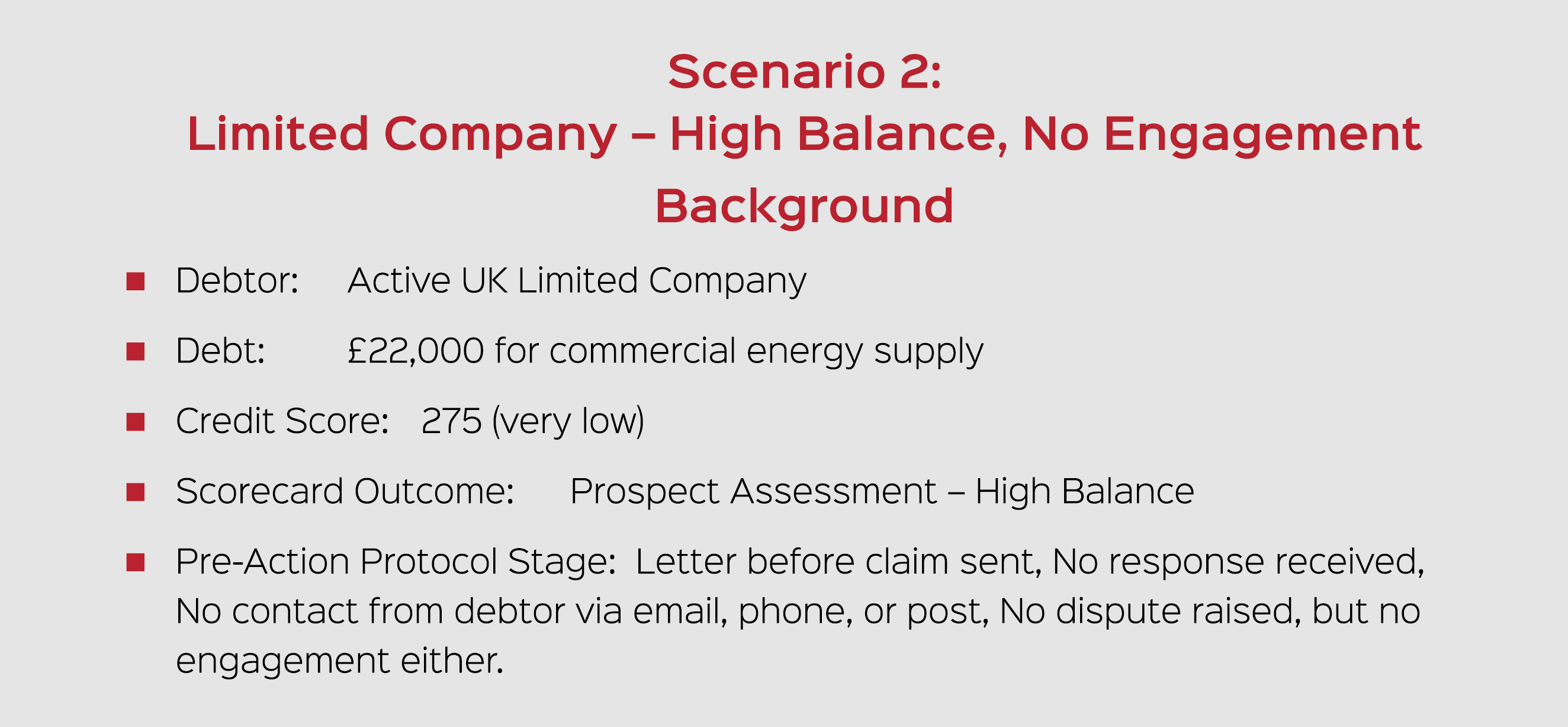 Scenario 2: Limited Company – High Balance, No Engagement Background � Debtor: Active UK Limited Company � Debt: £22,...