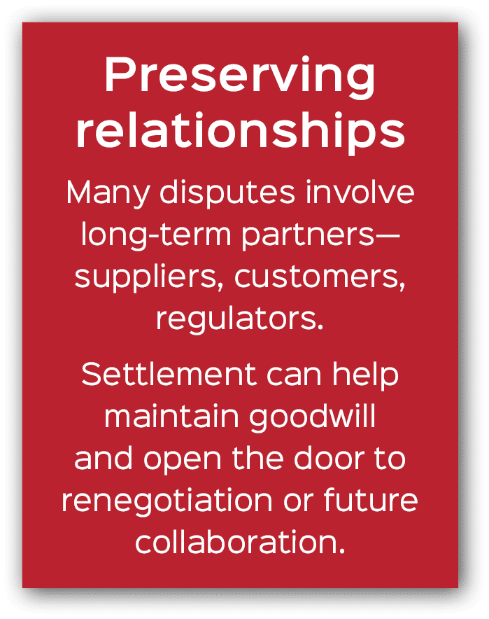 Preserving relationships Many disputes involve long term partners—suppliers, customers, regulators. Settlement can he...