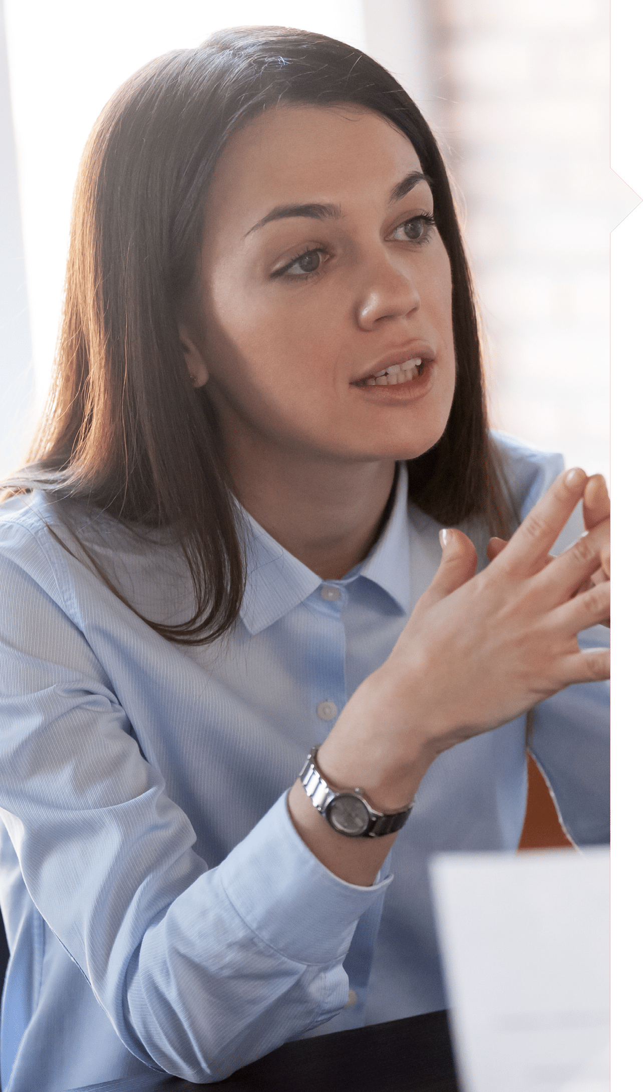 Confident focused businesswoman, teacher or mentor coach speaking to business people at negotiations, woman leader speaker applicant talking at meeting or convincing hr during job interview concept