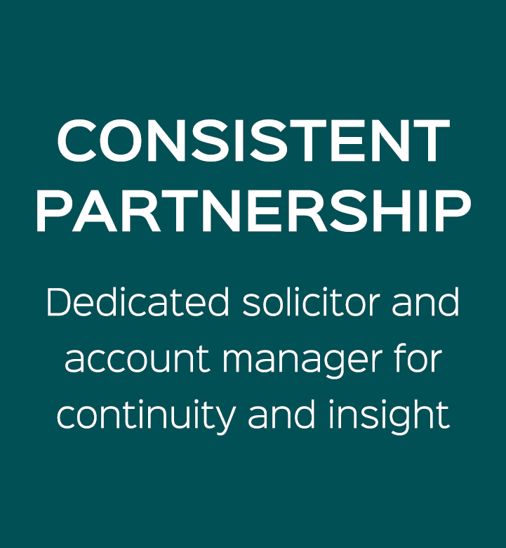 CONSISTENT PARTNERSHIP Dedicated solicitor and account manager for continuity and insight