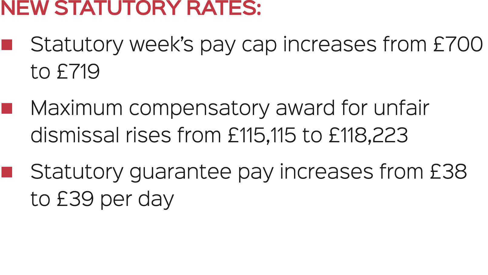 NEW STATUTORY RATES: � Statutory week’s pay cap increases from £700 to £719 � Maximum compensatory award for unfair d...
