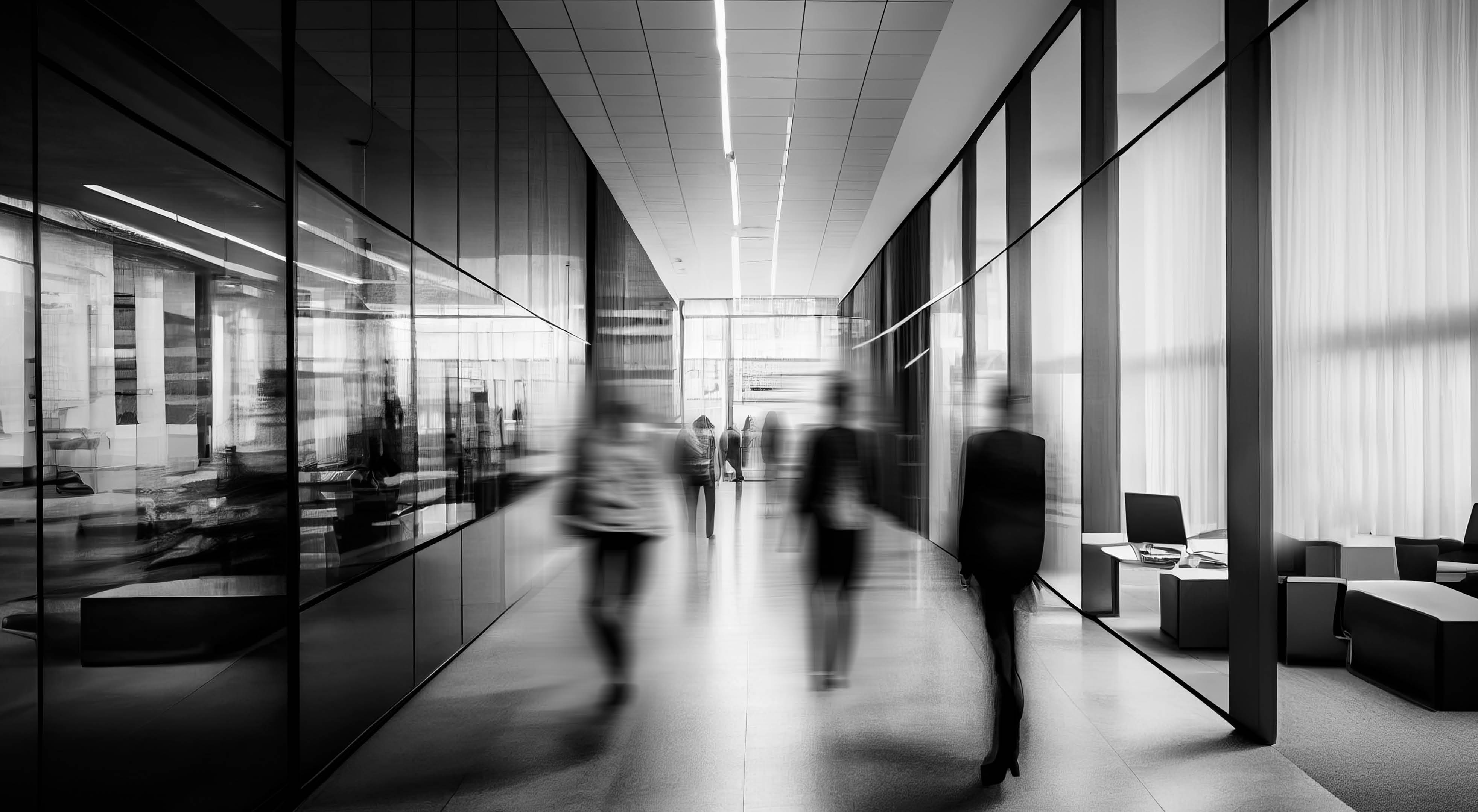 Long exposure shot of modern office lobby with business people. Generative AI